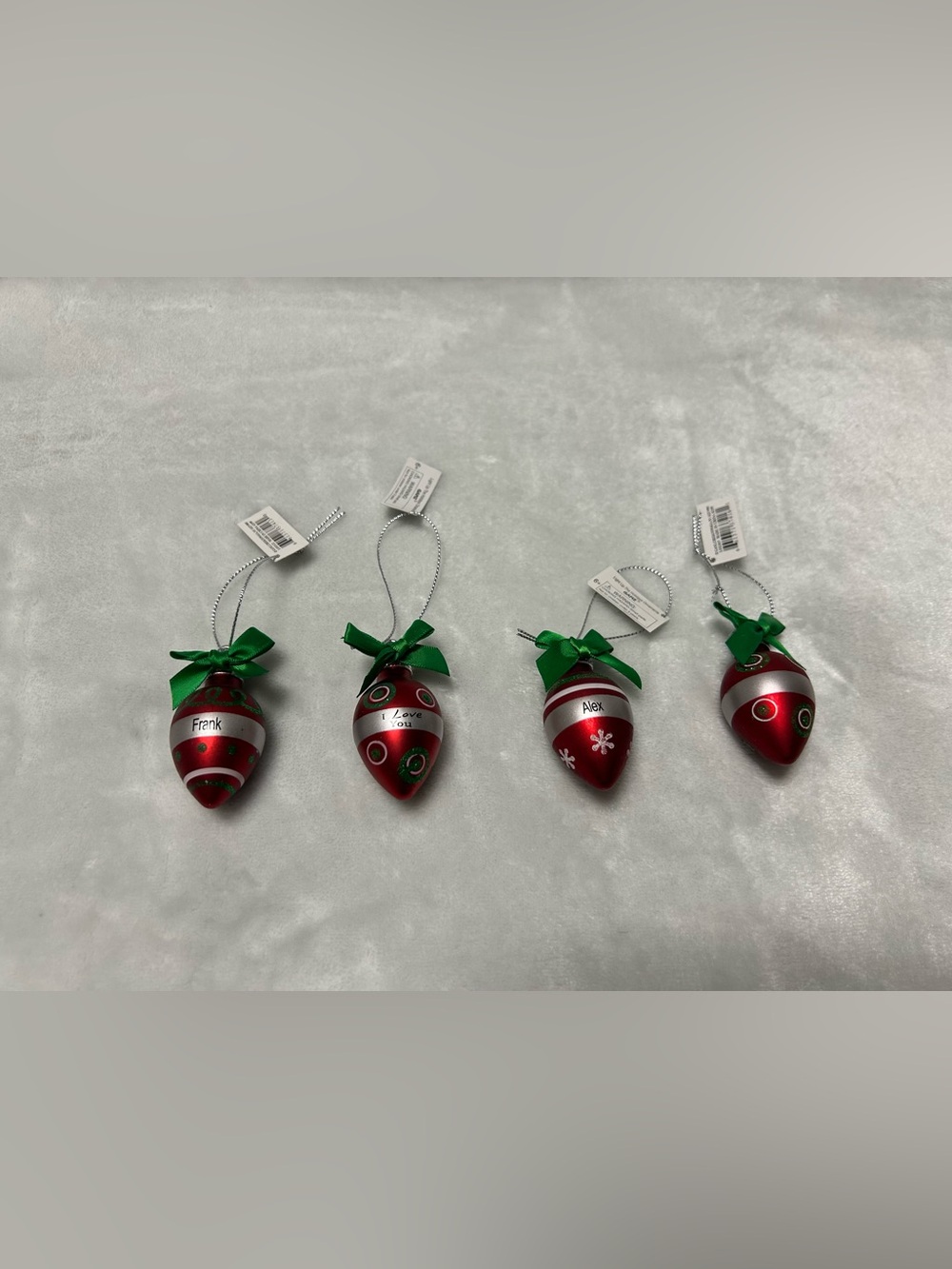 Vintage Ganz Christmas 4 ornaments small red sliver green light bulbs Alex Frank